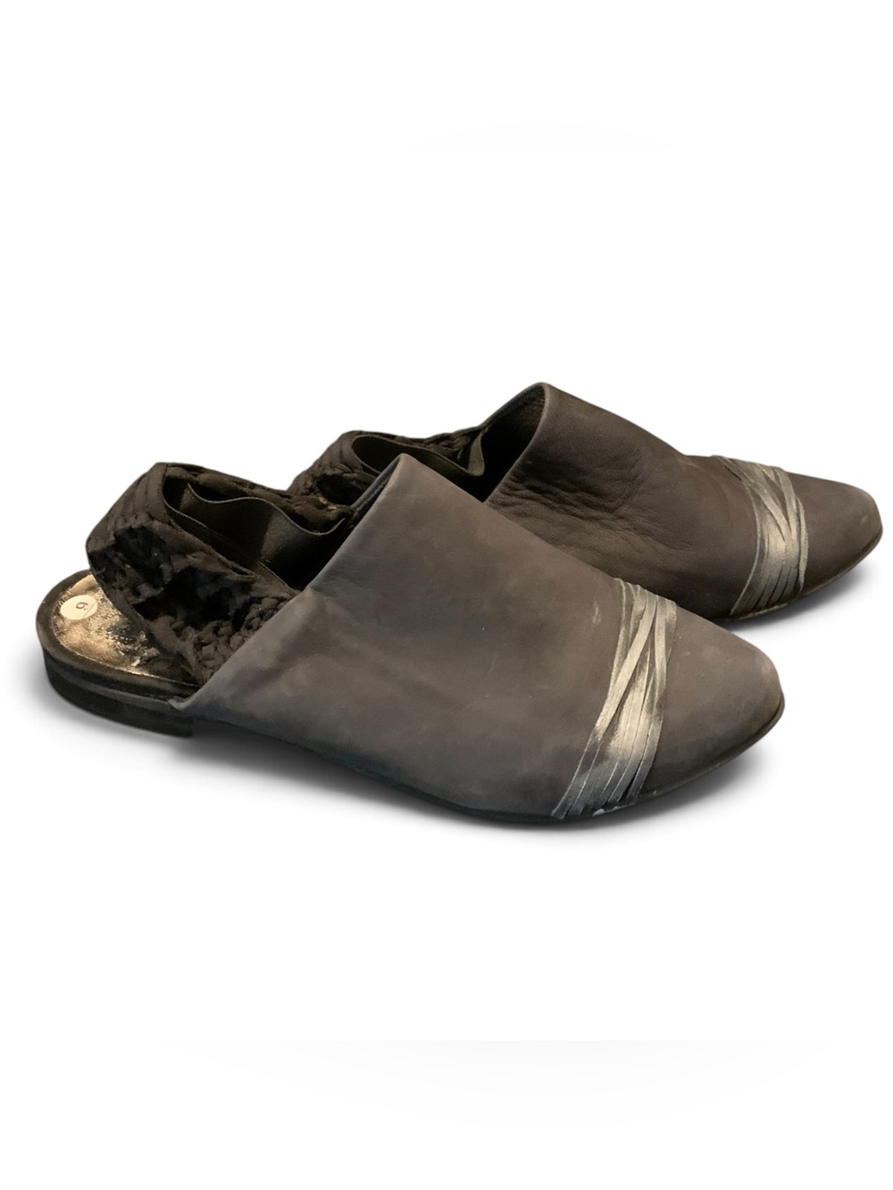 Woman’s Suede slip on sling back sandals with asymmetrical wrap toe design